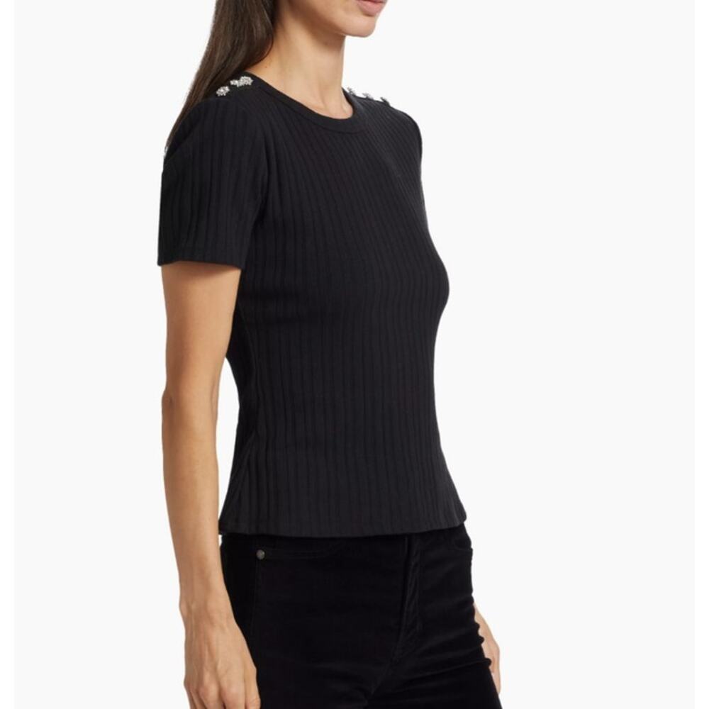 NWT Veronica Beard Draya Rhinestone Button Tee Black Small Luxe